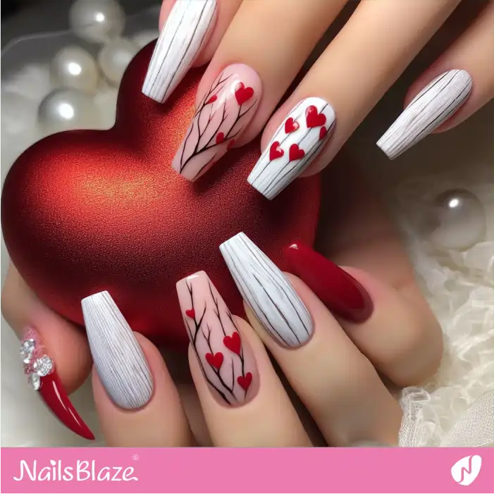 Embellished Whitewashed Wood Texture Nails for Love Day | Valentine Nails - NB2440